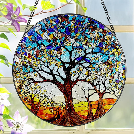 Stained Glass Window Hanging, LAOWEIKI 8'' Tree of Life Suncatcher, Stained Glass Ornament, Suncatchers for Windows Hanging, Window Decor, Outdoor or Indoor, Gifts for Women, Lovers, Couple, Friends