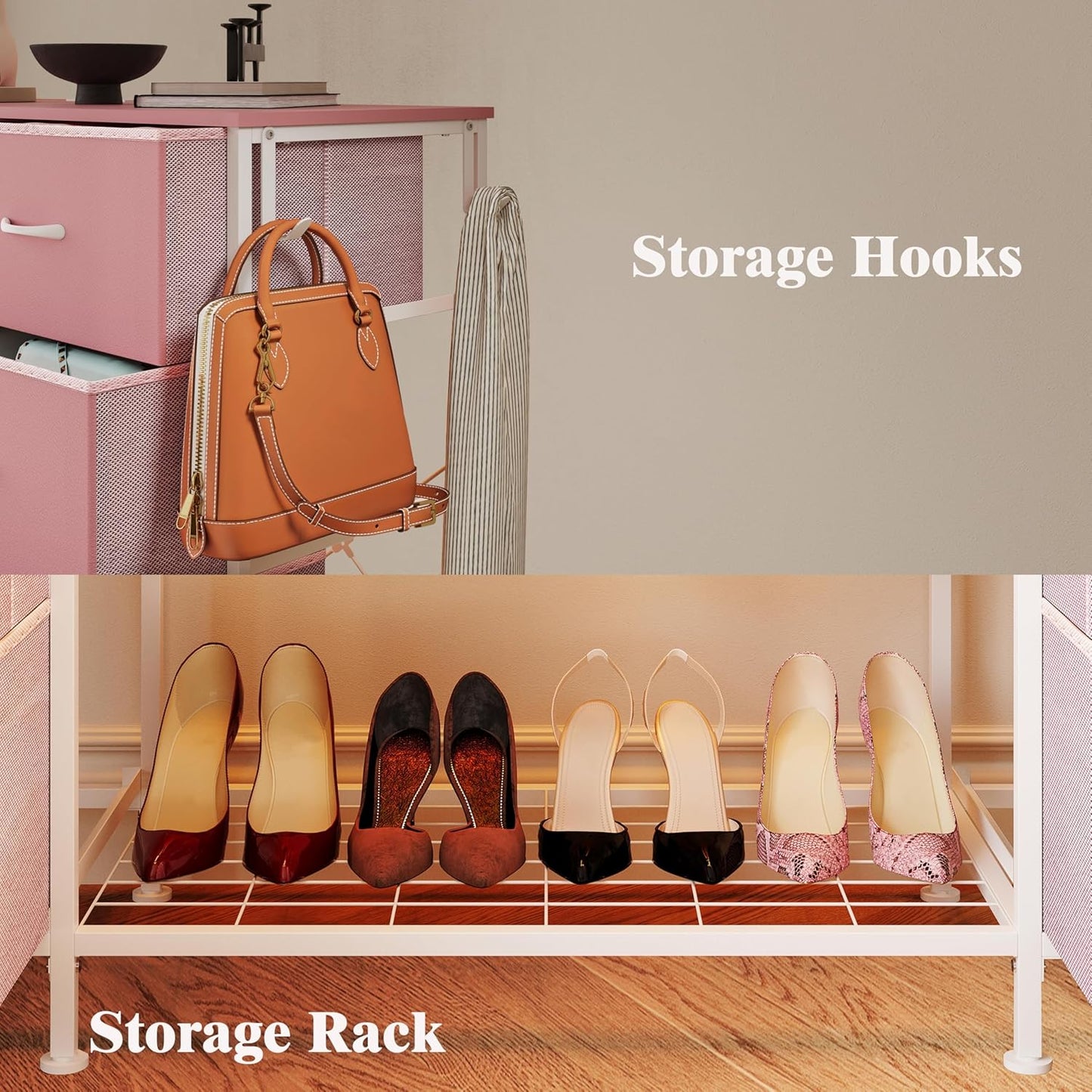 LUMTOK 2-in-1 Dresser with Hanging Rack, 10 Drawers Dresser for Bedroom,Dressers with Fabric Drawers,LED Lights, Charging Station and Hanging Racks for Bedroom (Pink)