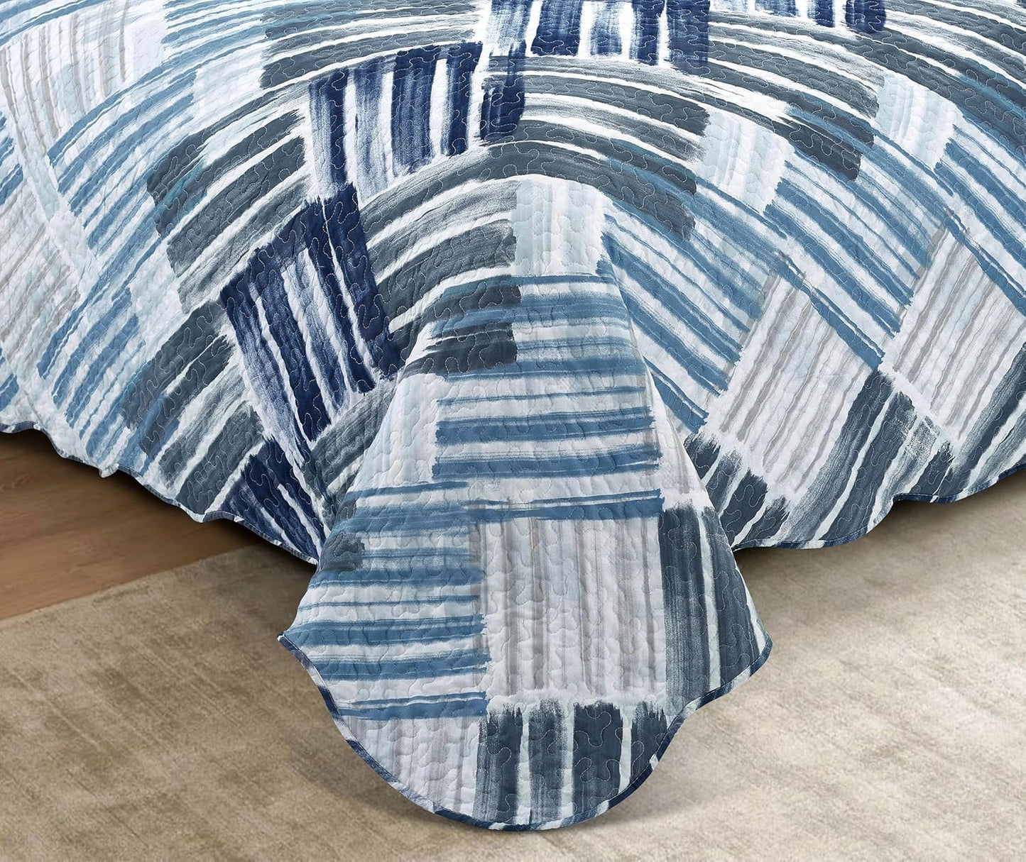 Brilliant Sunshine Blue and Grey Stripe Blocks Patchwork, 3-Piece Quilt Set with 2 Shams, Reversible Bedspread, Soft Lightweight Coverlet, All-Season, Full/Queen, Blue Grey