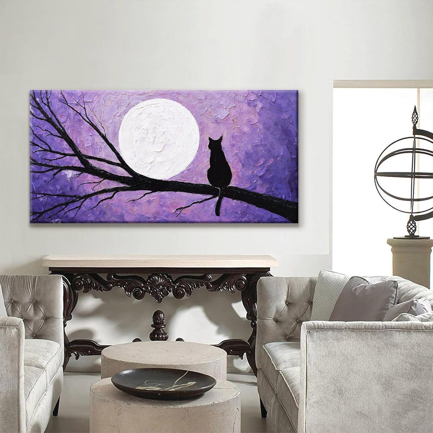 QSQ Cat Wall Art Prints Painting Canvas Art Wall Decor Funny Monet Cat Under The Moonlight Abstract Wall Art Posters Picture For Bedroom Living Room Office Home Decor 24" × 48" Ready To Hang