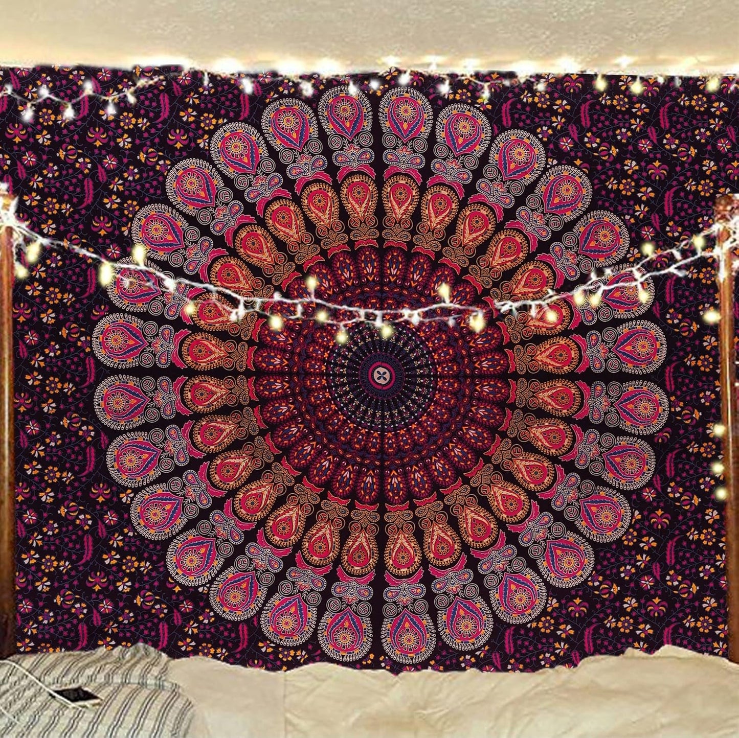 Bless International Handmade Indian hippie Bohemian Psychedelic Peacock Mandala Wall hanging College Dorm Beach Throws Table Cloth Bedding Tapestry (Golden Pink Blue, Twin(54x72Inches)(140x185cms))