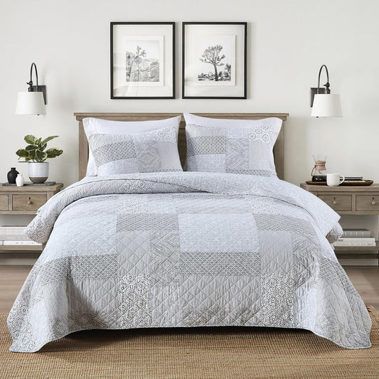 Secgo Queen Comforter Set for Bed - 100% Cotton Quilts Queen Size, Black Bedspreads (90 * 98 Inch) with 2 Pillow Shams, Patchwork Reversible Lightweight Bedding