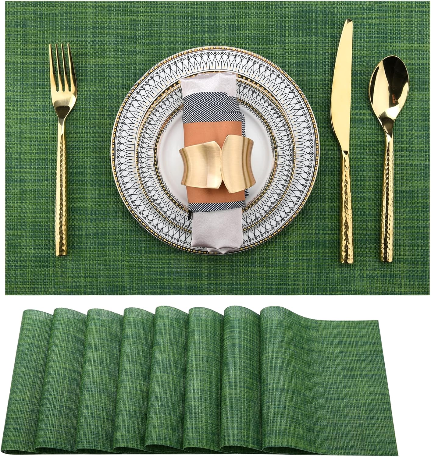 Green Placemats Set of 8 - Wipe Clean Vinyl Placemats - Washable Heat Resistant PVC Placemats for Dining Table - 17x12 Inch (Green, 8)