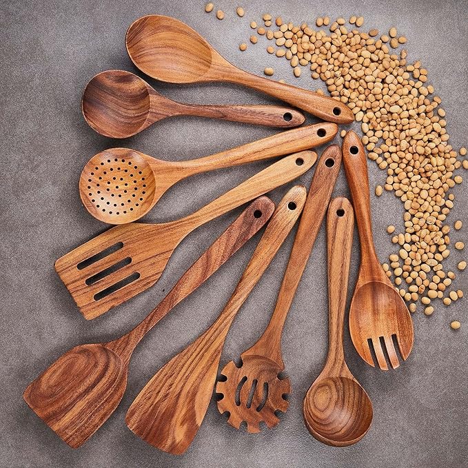 Wooden Kitchen Utensils Set,GUDAMAYE 9 PCE Natural Teak Wooden Spoons For Non-stick Pan for Cooking,