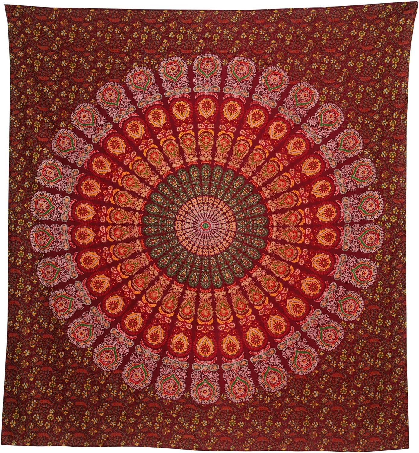Bless International Handmade Indian hippie Bohemian Psychedelic Peacock Mandala Wall hanging College Dorm Beach Throws Table Cloth Bedding Tapestry (Maroon Yellow, King(88x104Inches)(225x265Cms))