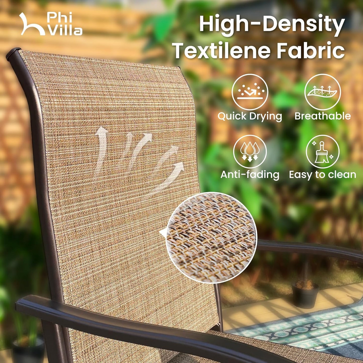 PHI VILLA 3 Piece Outdoor Bar Set, High Top Patio Table and Chairs with Brown Textilene Fabric & Rustproof Metal Frame for Backyard, Balcony, Garden & Poolside