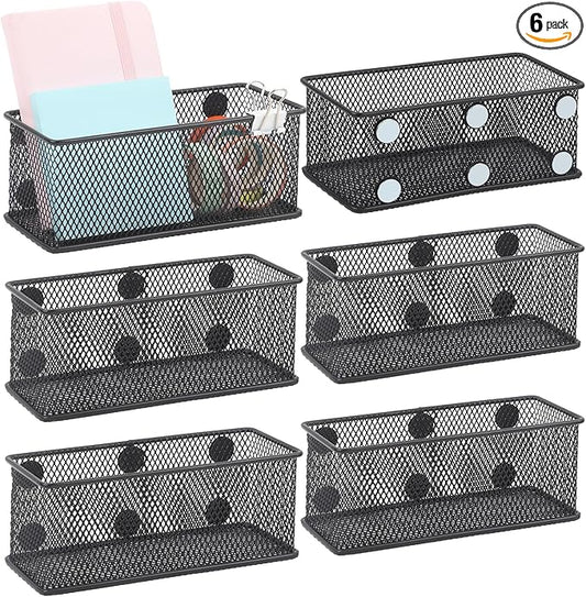 EASEPRES Magnetic Pencil Holder Set of 6 - Black Wire Mesh Storage Baskets Organizer with Strong Magnets - Perfect for Whiteboard, Refrigerator and Locker Accessories
