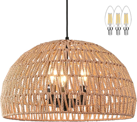 17.6 inch Hemp Rope Woven Pendant Light Wicker Pendant Light 3-light Rattan Light Fixture Boho Chandelier Farmhouse Chandelier Dome Pendants Light for Dining Room Bedroom Kitchen(Bulb Incl