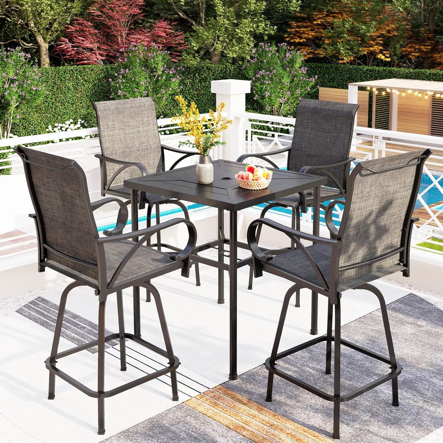 PHI VILLA Outdoor Swivel Bar Stools Set for 4, Metal Patio Bar Table and Chairs Set with Grey Textilene Fabric for Outside
