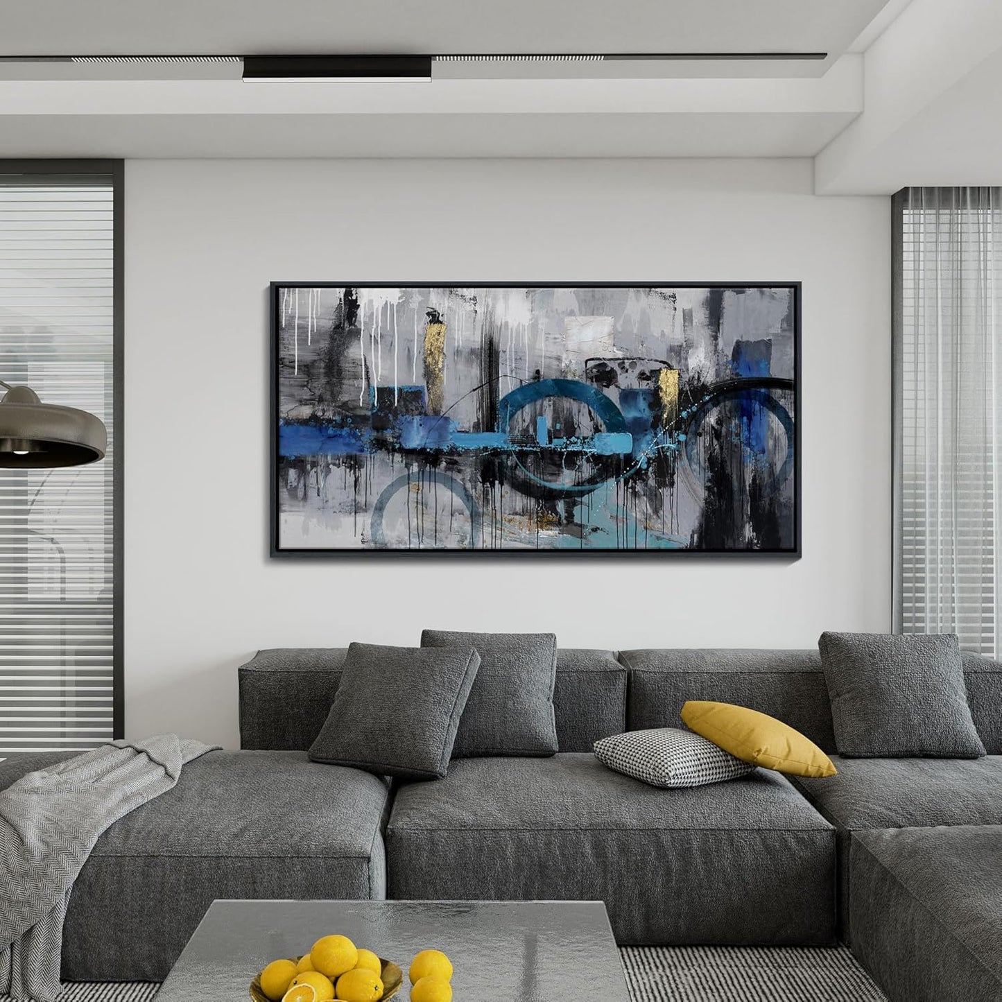 KLAKLA Abstract Canvas Wall Art - Blue and Gray Lnk Style Gold City Scenes Wall Decor Living Room Bedroom Decoration Black Frame Picture Artwork for Wall Modern Landscape Wall Decor