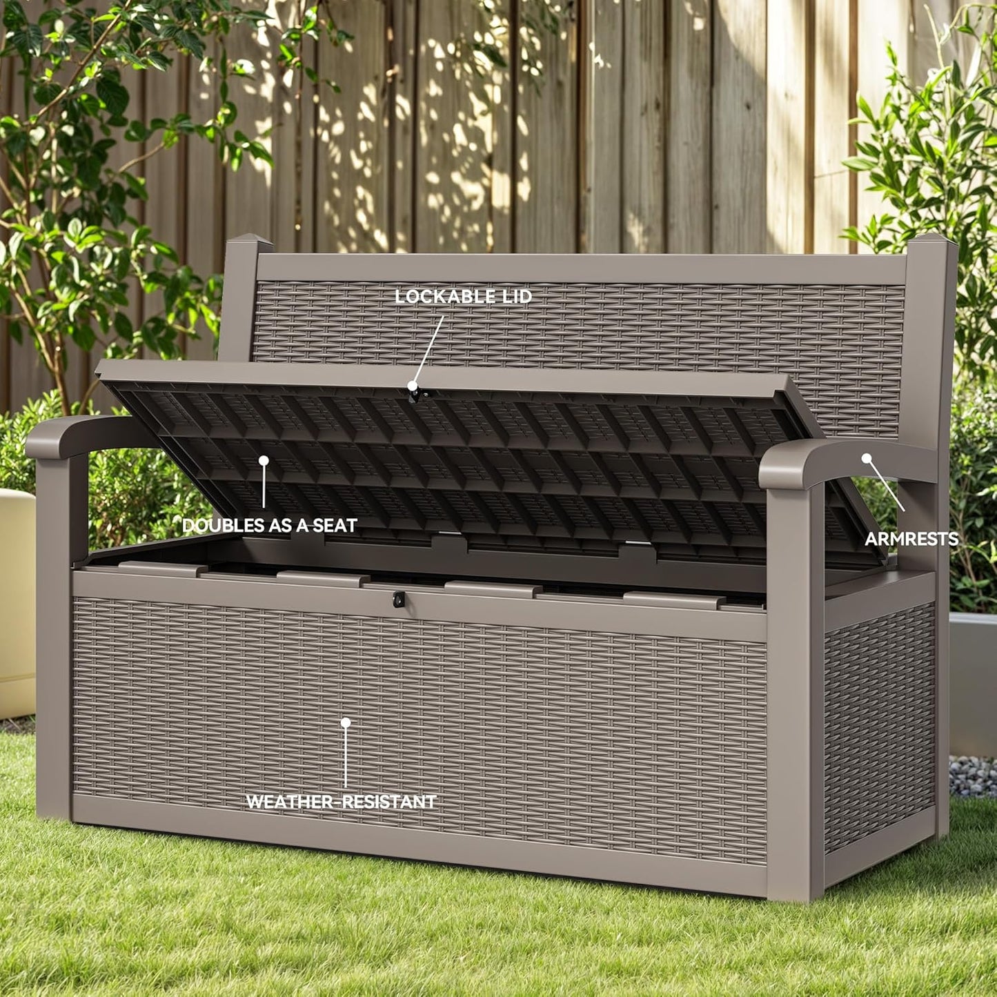 YITAHOME 70 Gallon Deck Bench with Storage, Outdoor Storage Box Bench with Armrests for Patio Garden Pool Porch, Waterproof&Lockable, Light Brown