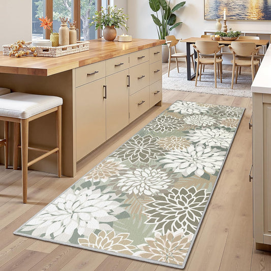 Area Rug 2x6 Brown White Washable Entry Rug Multicolored Tropical Botanical Modern Floral Indoor Kitchen Door Mat Entrance Carpet Non Slip for Bedroom Living Room, Porch