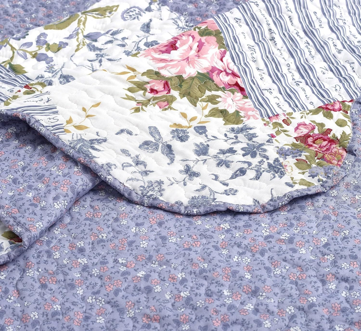 Brilliant Sunshine Rose Violet Patchwork, 3-Piece Quilt Set with 2 Shams, Reversible Bedspread, Soft Lightweight Coverlet, All-Season, King, Rose Violet