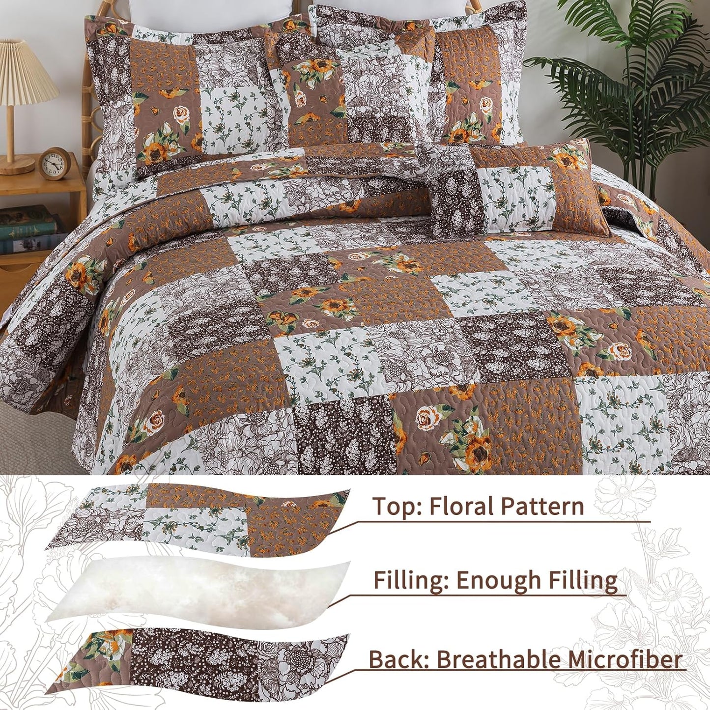 VAPUTAR Quilts Queen Size, Fall Patchwork Bedding Set with Floral Pattern, Soft and Breathable Coverlet Set, Lightweight Reversible Bedspread Suitable for All Season (90X98 inch, Brown)