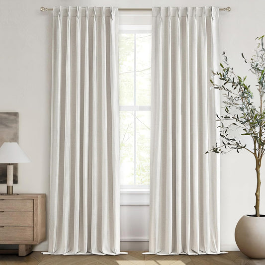 102 Inch Long Curtains Blackout for Bedroom 80 Inches Wide Total Each 40 2 Panels Pinch Pleated Linen Neutral Modern Farmhouse Style Window Drapes for Living Room Back Tab (Beige Ivory)