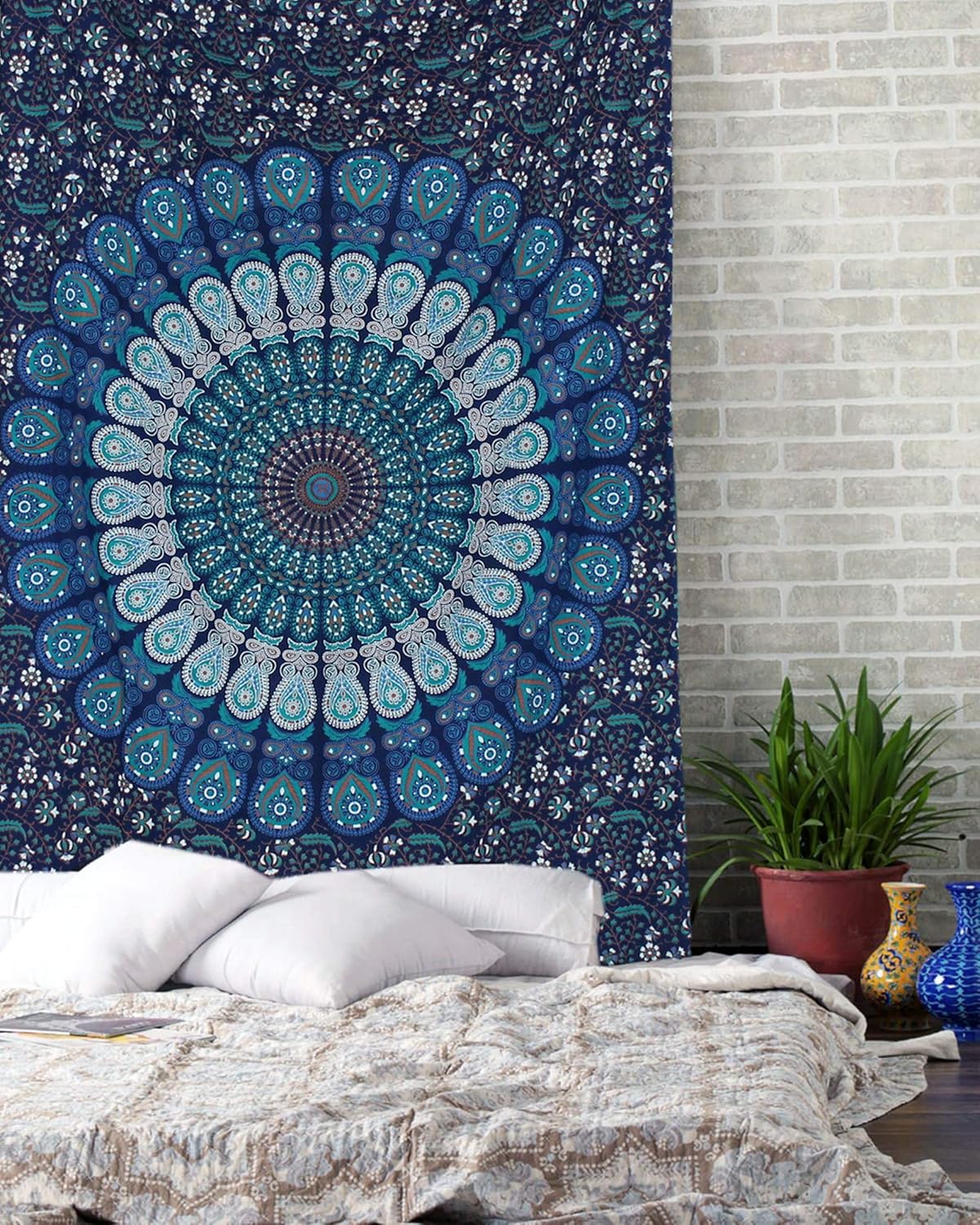 raajsee Turquoise Blue Tapestry- Best Mandala Wall Hanging- Bedding Tapestry For Bedroom Aesthetic-Size TWIN 140 X 210 CMS