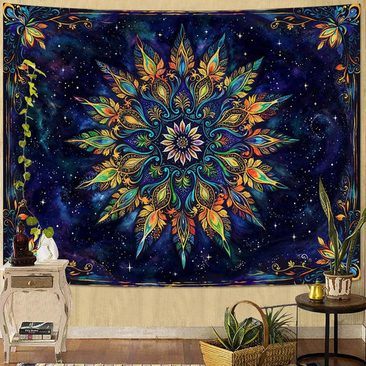 Fowocu Boho Floral Mandala Tapestry for Bedroom Aesthetic Blue Bohemian Colorful Flower Wall Tapestry Purple Hippie Indian Small Tapestries Wall Hanging for Living Room Dorm Decor 48 x 36 Inch