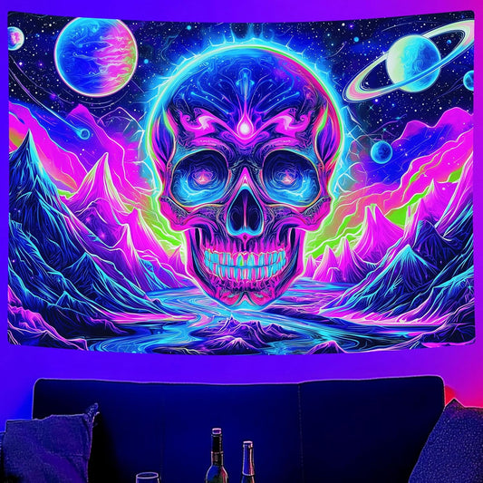 Blacklight Skull Tapestry, UV Reactive Gothic Skeleton Mountain Galaxy Planet Wall Hanging Tapestries, Glow in the Dark Horror Face Halloween Aesthetic Poster for Bedroom Living Room Decor 70X60IN