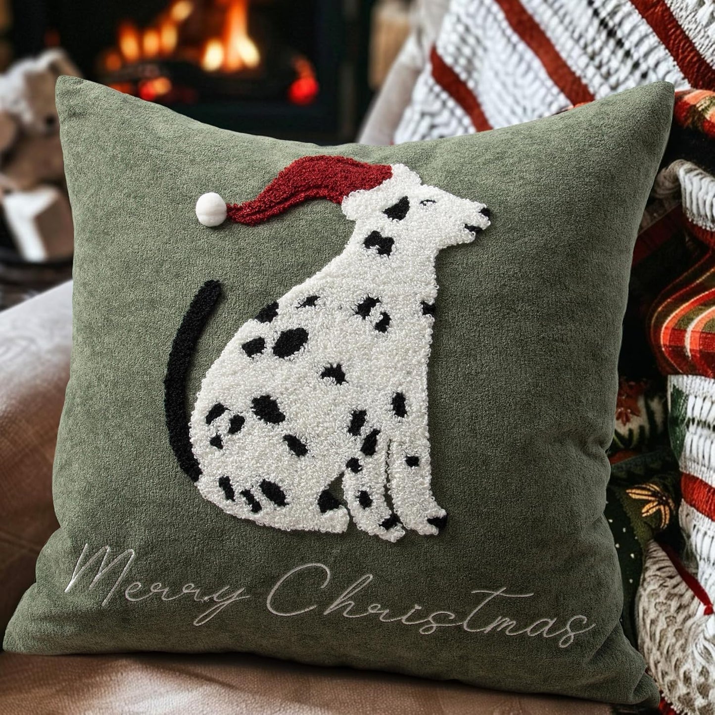 Cute Spotted Dog Christmas Pillow Covers 18x18, Embroidered Throw Pillow Covers Christmas Decorations Holiday Pillows for Home Couch, Green White/Black Velvet Cushion