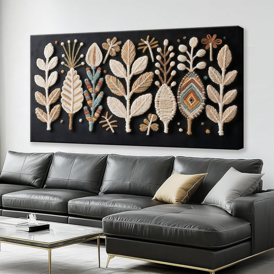 Boho Black Wall Art Chic Home Wall Art Modern Multicolor Leaves Feather Canvas Wall Art Decor For Living Room Bedroom Apartment Kitchen 24"W X 48"L Ready To Hanging