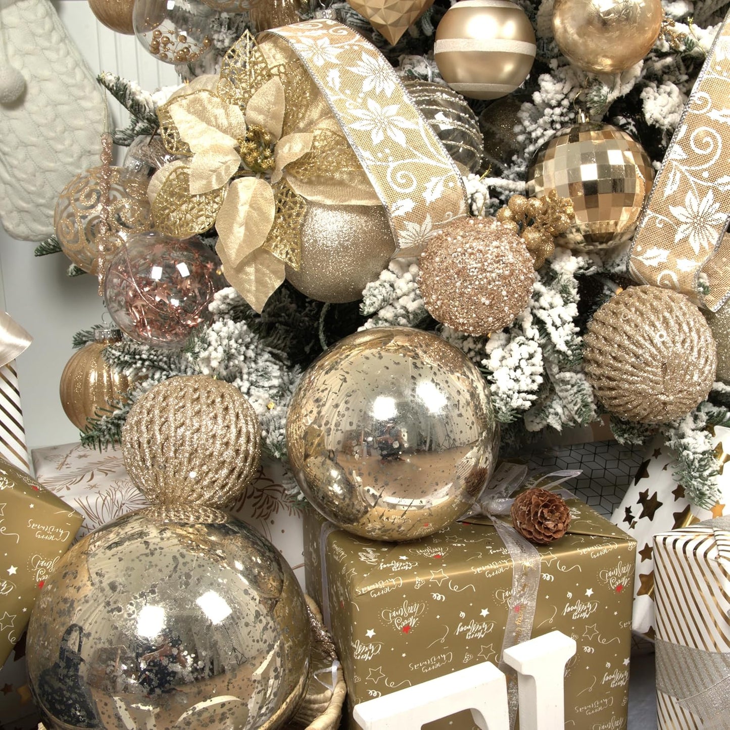 XmasExp Large Christmas Ball Ornaments,2pcs Champagne Giant Shatterproof Plastic Hanging Mercury Xmas Ball Decorations Christmas Tree Ornaments (Champagne Gold, 6")