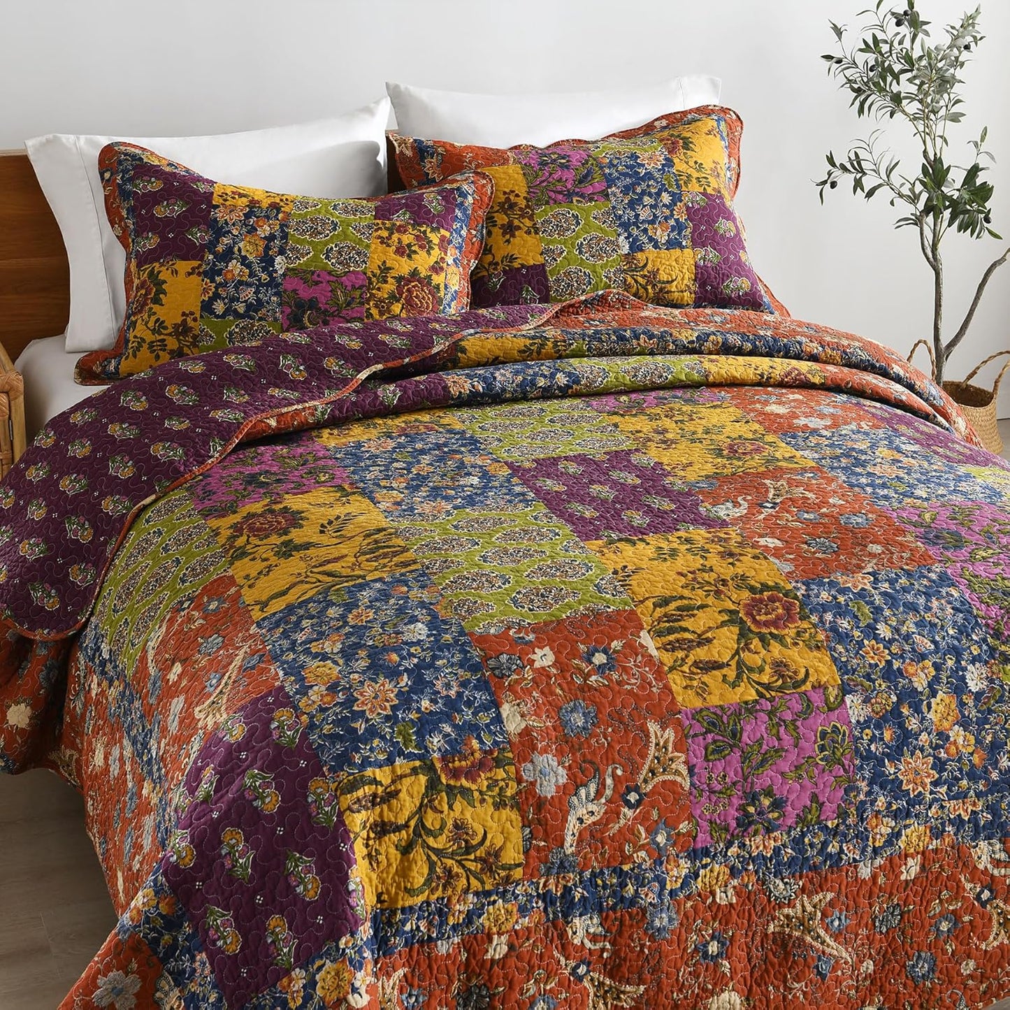 Secgo Queen Comforter Set for Bed - 100% Cotton Quilts Queen Size, Black Bedspreads (90 * 98 Inch) with 2 Pillow Shams, Patchwork Reversible Lightweight Bedding