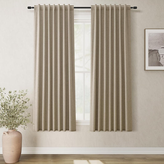 BOODII 63 Inch Blackout Curtains Linen Black Out Curtains for Bedroom 2 Panels Set Neutral Room Darkening Curtain Khaki Thermal Insulated Curtain for Nursery Window Drapes Back Tab 52x63