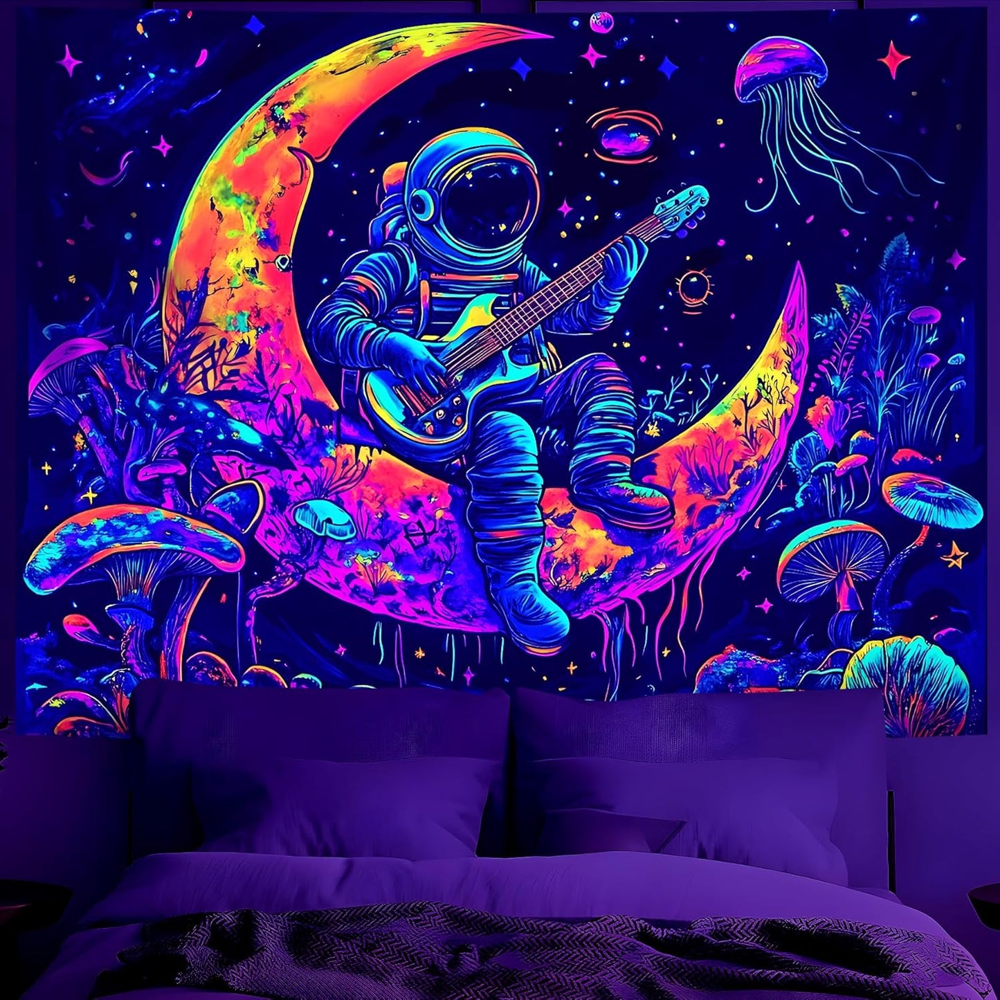 BVBOX Astronaut Space Blacklight Tapestry 79"x59", UV Reactive Astronaut Guitar Moon Universe Galaxy Planet Glow in Dark Music Tapestries, Black Light Neon Upright Poster Wall Hanging Backdrop Decor for Bedroom Living Room