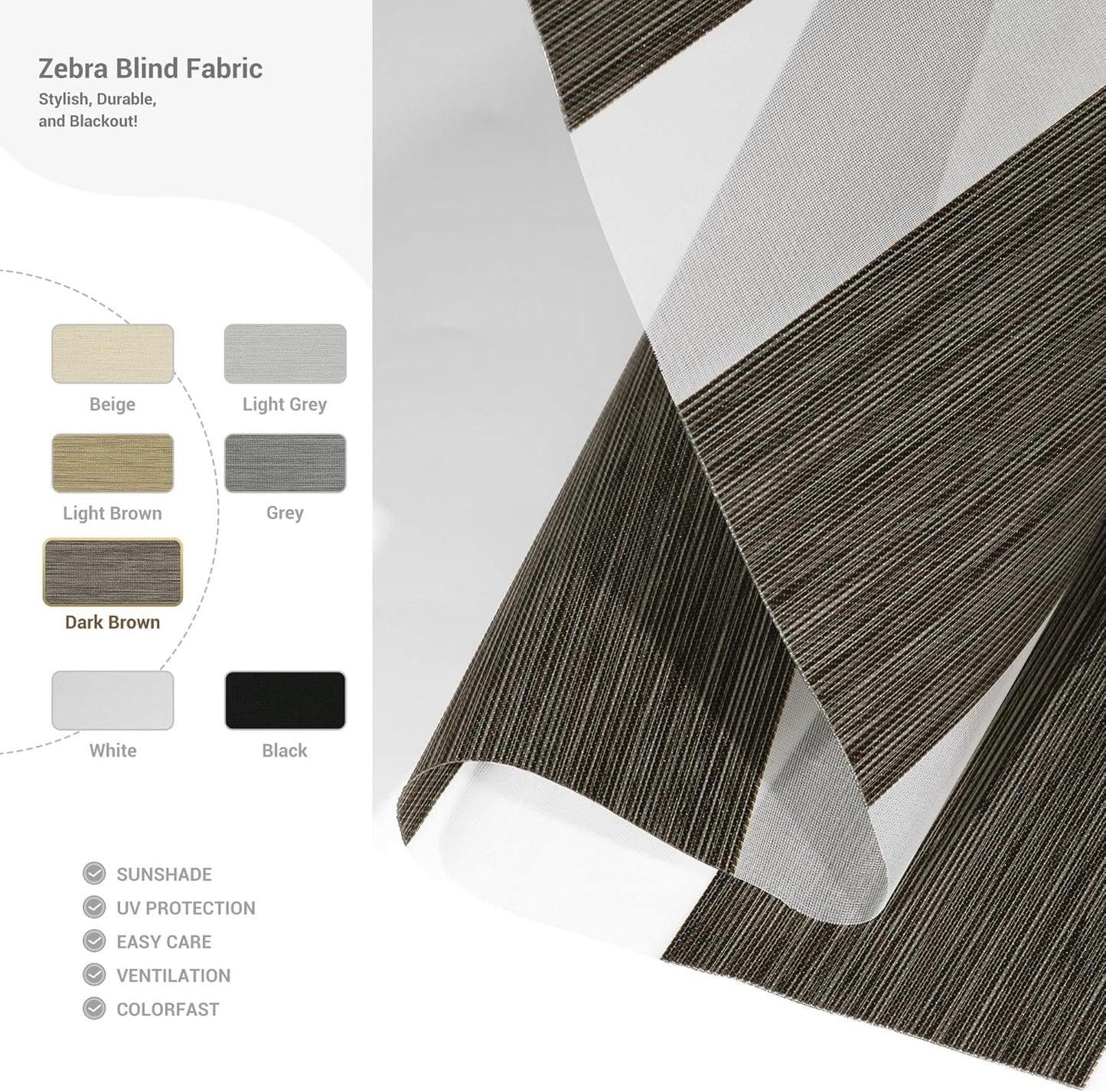 Cordless Zebra Blinds for Windows, Blackout Interior Blinds,Easy to Install,UV Protection,for Offices and Home,Custom Roller Shades, Mousse Dark Bown,50" W x 56" H