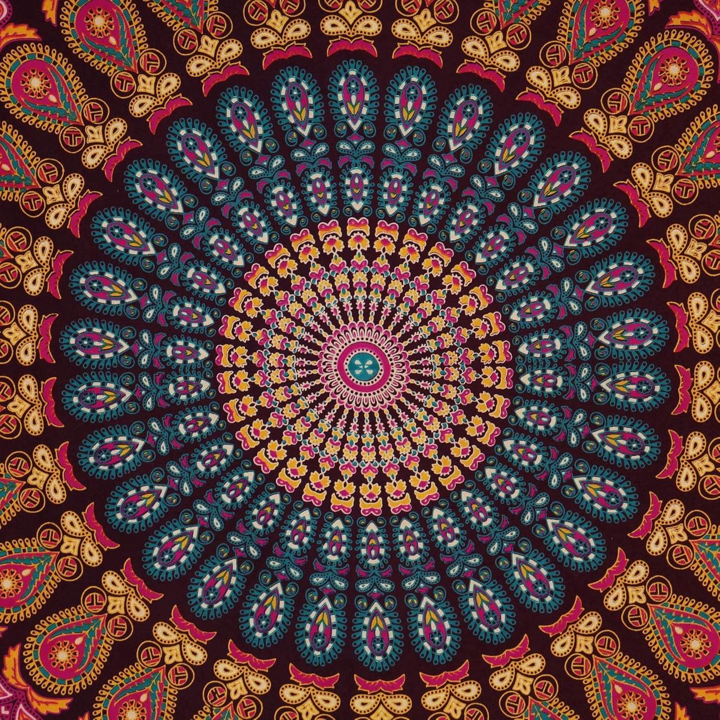 Bless International Handmade Indian hippie Bohemian Psychedelic Peacock Mandala Wall hanging College Dorm Beach Throws Table Cloth Bedding Tapestry (Golden Pink Blue, Queen(84x90Inches)(215x230Cms))