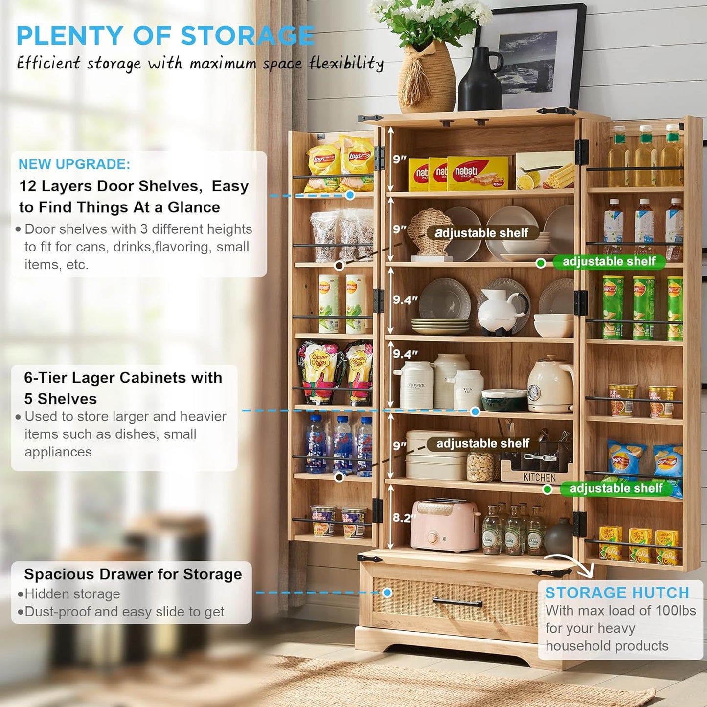 72" Tall Rattan Kitchen Pantry Cabinet with Drawer, Boho Storage Cabinet with 2 Rattan Doors and Shelves, Versatile Large Cabinet for Dining Room, Bathroom, Living Room, Laudry, Natural Oak