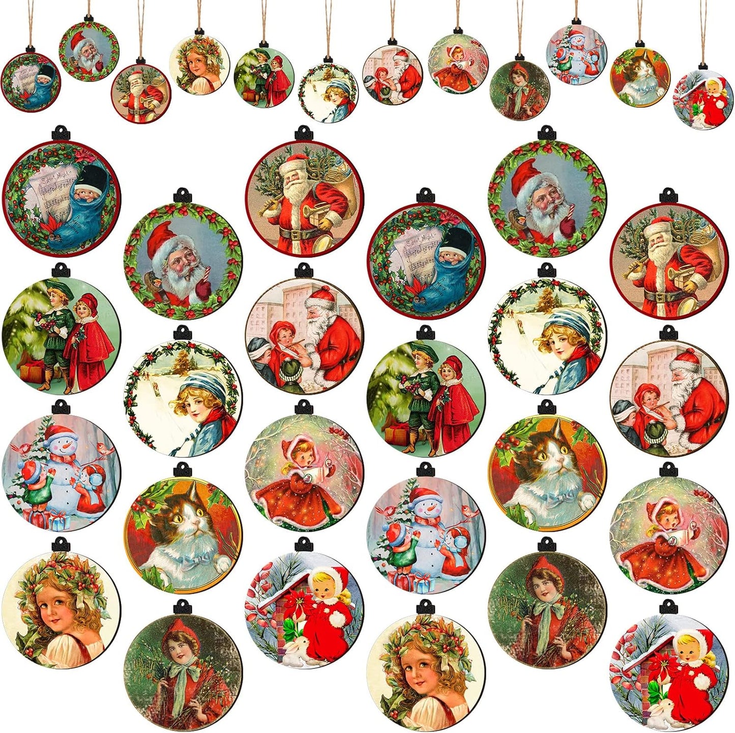 48-Piece Vintage Wood Christmas Tree Ornaments - Santa, Snowman & Retro Decor