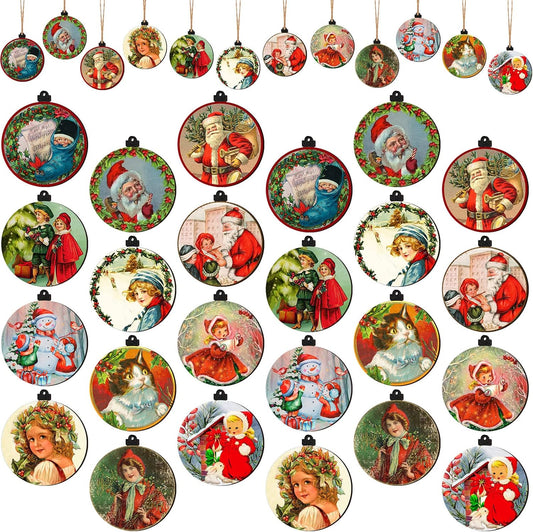 48-Piece Vintage Wood Christmas Tree Ornaments - Santa, Snowman & Retro Decor