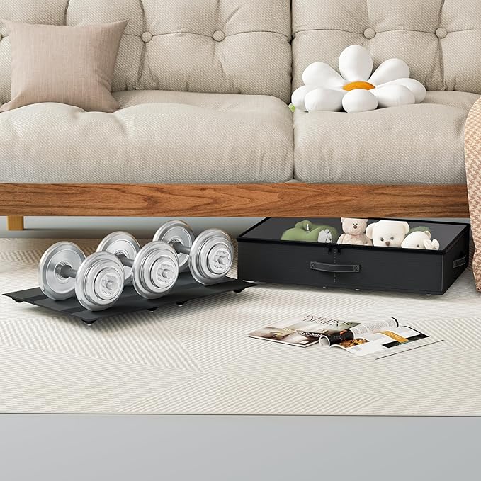 Underbed Storage With Wheels, No Assembly Required - 5.5 Inch Height Black Underbed Bins, Low Profile Rolling Shoe Storage Containers for Dorm