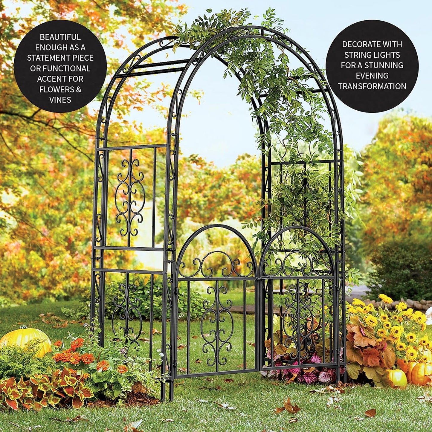 Plow & Hearth Arch Metal Outdoor Garden Arbor Double Gate | Montebello | 7 Feet Tall | Gunmetal Black | Trellis Lattice Climbing Plants