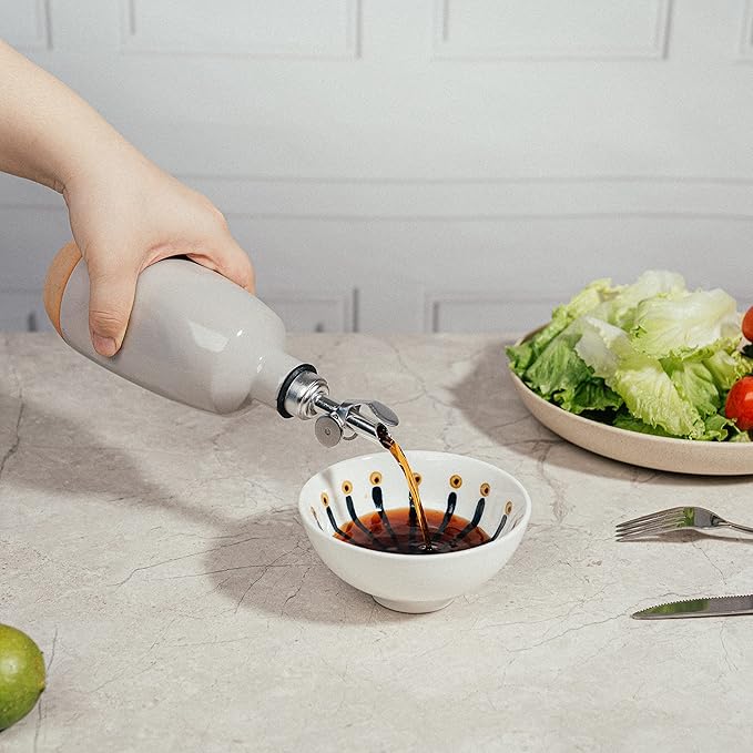 Olive Oil Dispenser Bottle Stoneware Ceramic, Cruet Protects to Reduce Oxidation, Suitable For Storage Of Oil, Vinegar, Coffee Syrups & Other Liquids - Stainless Steel Spout 14Oz