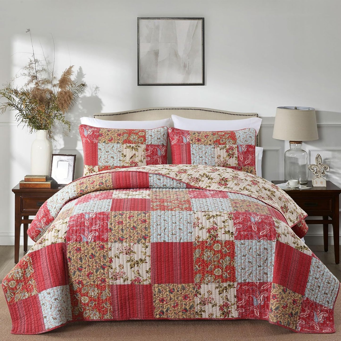 Secgo King Size Comforter Set- 100% Cotton Quilt King Size Set, Green, Sage bedspreads (96 * 108 Inch) with 2 Pillow Shams, Patchwork Reversible Lightweight Bedding