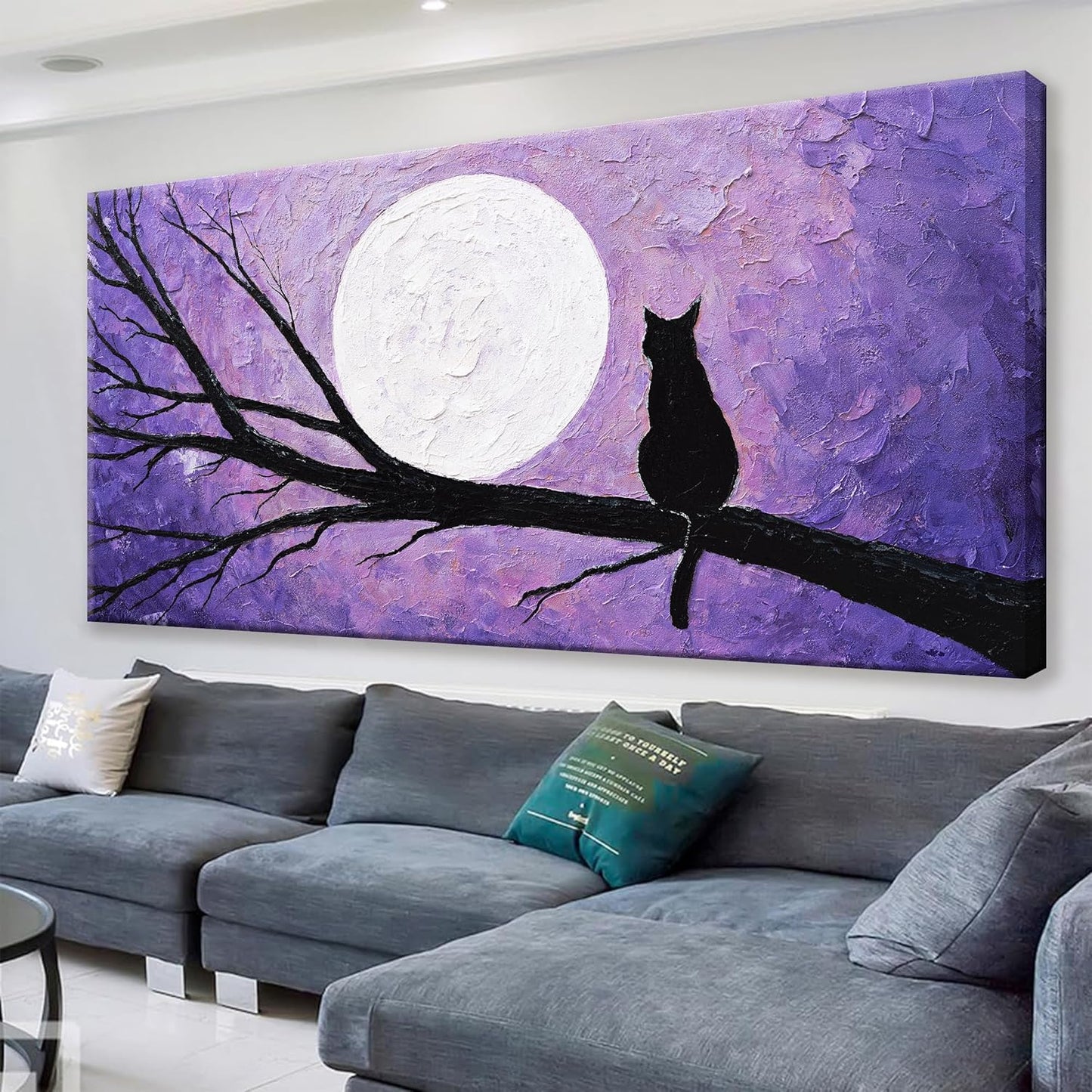 QSQ Cat Wall Art Prints Painting Canvas Art Wall Decor Funny Monet Cat Under The Moonlight Abstract Wall Art Posters Picture For Bedroom Living Room Office Home Decor 24" × 48" Ready To Hang
