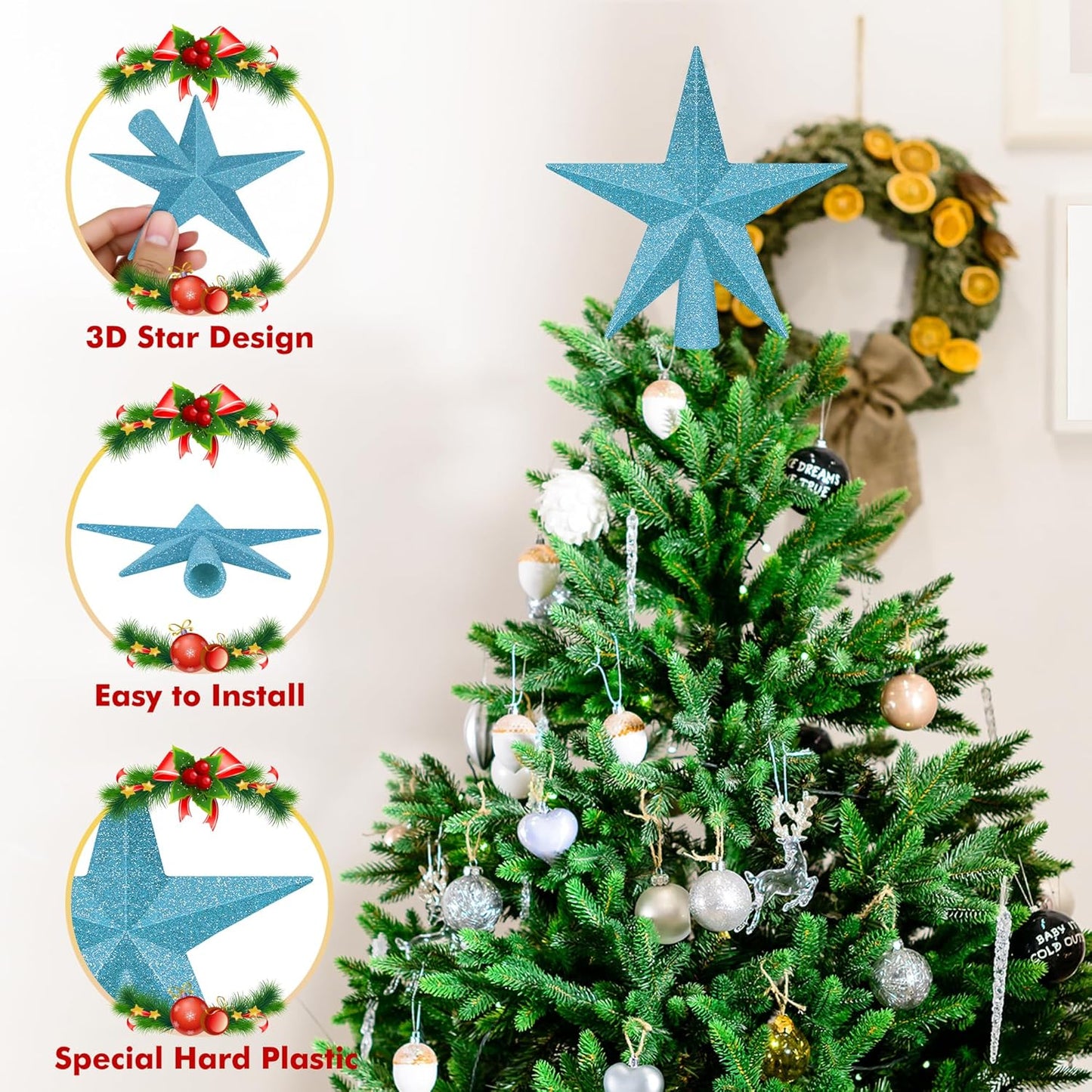1PCS Tree Star Topper, Blue 4" Christmas Tree Topper Decorations, Glitter Shatterproof Mini Bethlehem Star Tree Topper Decor, Waterproof Star Tree Topper for Christmas Holiday Indoor/Outdoor Ornament