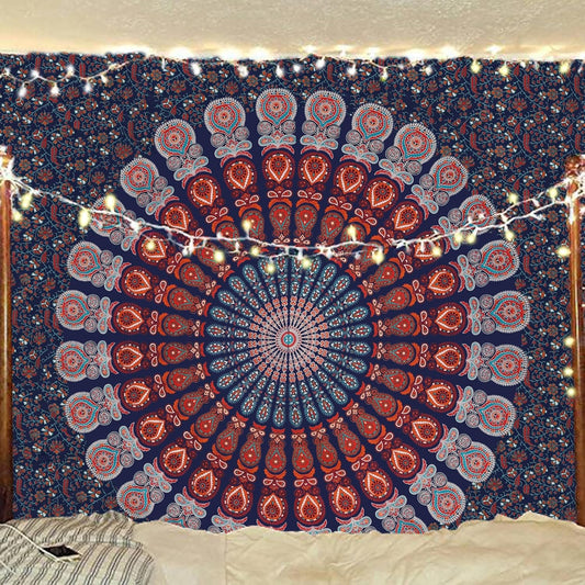 Bless International Handmade Indian hippie Bohemian Psychedelic Peacock Mandala Wall hanging College Dorm Beach Throws Table Cloth Bedding Tapestry (Golden Blue White, Queen(84x90Inches)(215x230Cms))