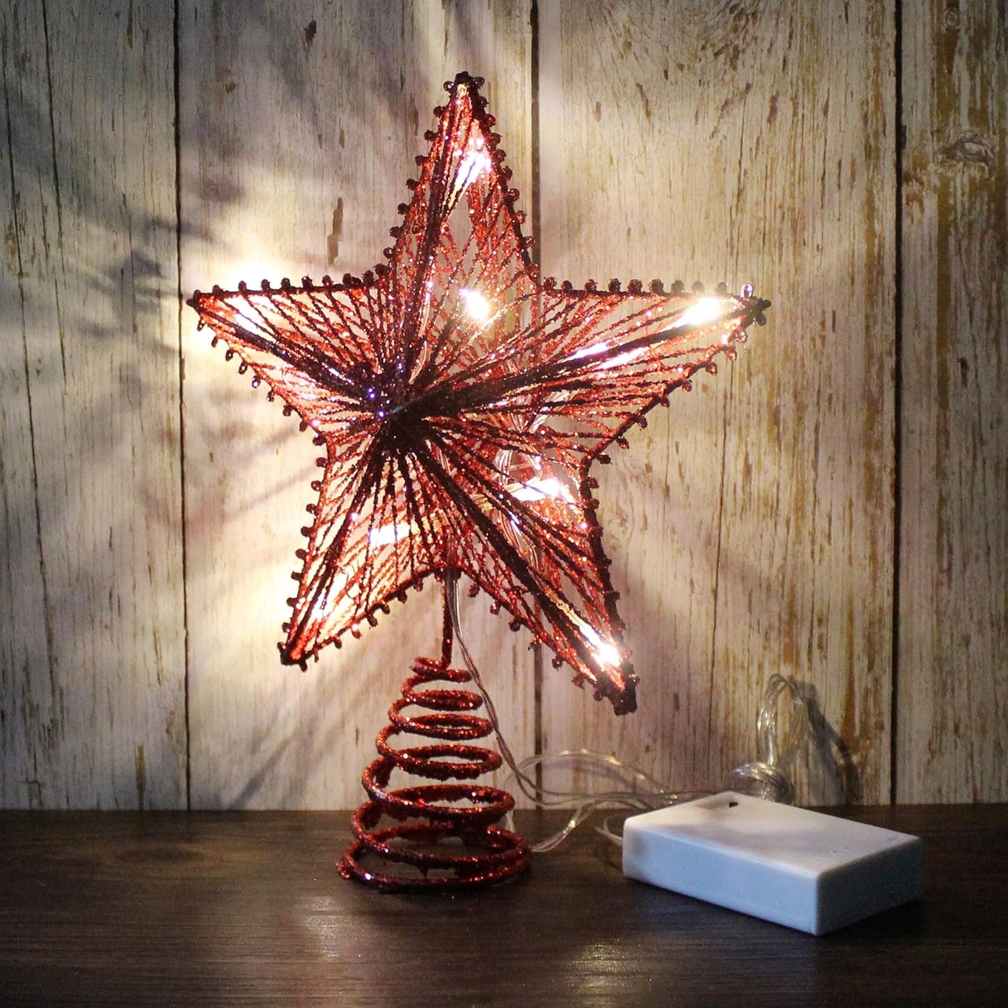 CVHOMEDECO. Red Glittered 3D Tree Top Star with Warm White LED Lights and Timer for Christmas Tree Decoration and Holiday Seasonal Décor, 8 x 10 Inch