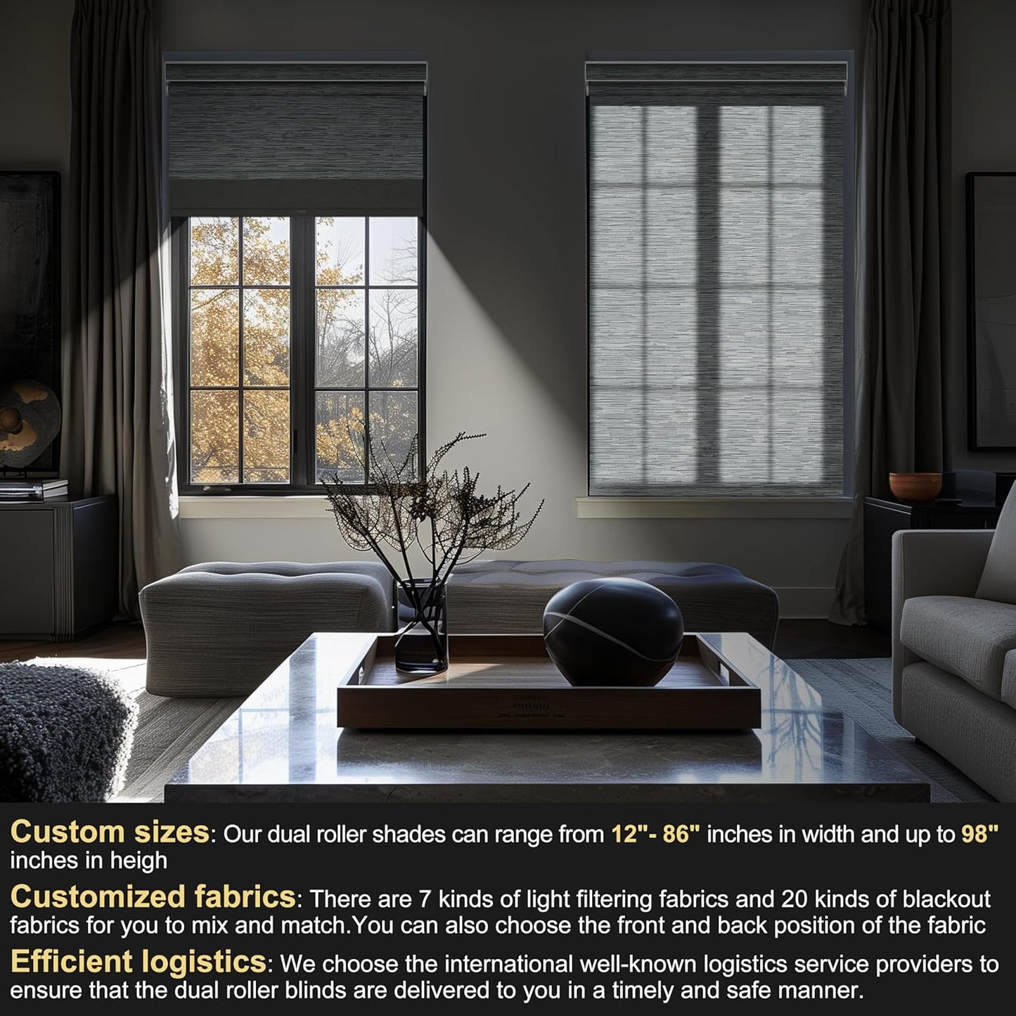 BERISSA Cordless Dual Roller Shades with Cassette Valance,Double Window Shades Blackout and Light Filtering Shades,Day and Night Roller Shades for Home Office Door.Striped Jacquard Grey.72 W x 86" H