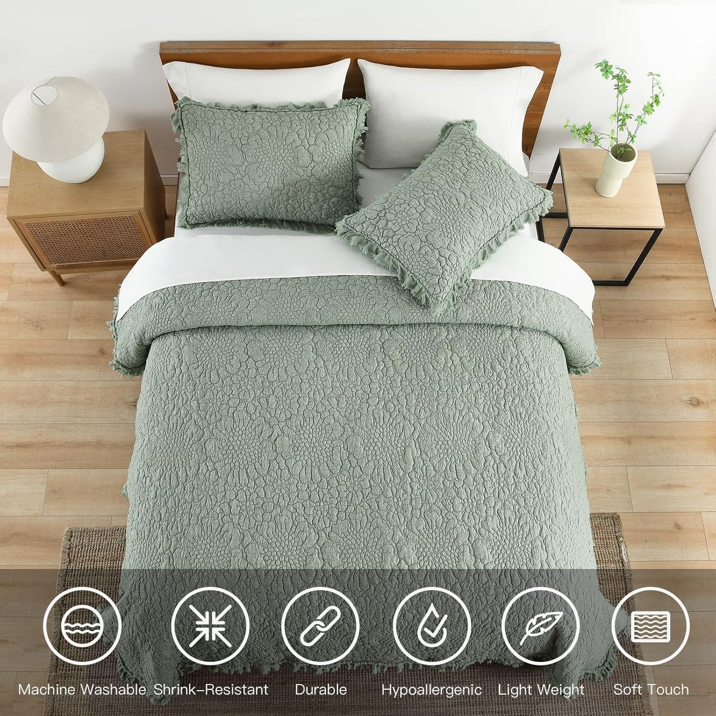 HORIMOTE HOME Sage Green Ruffled Quilt King Size, Stone-Washed Microfiber Lightweight Crinkled Farmhouse Rustic Shabby Chic Bedding Set, 3 Pieces Reversible Bedspread with Pillow Shams for All Season