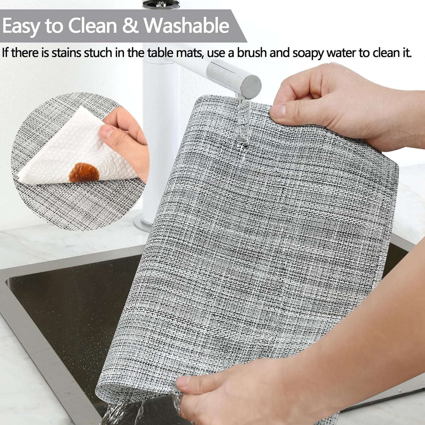 Placemats Set of 8 - Easy Clean Washable Vinyl Placemats - Wipeable Heat Resistant Table Mats for Dining Table - 17.7x11.8 Inch (8, Black & White Two-Tone)