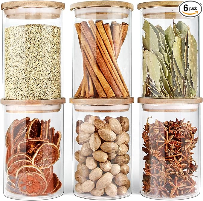 Urban Green Glass Jars with Airtight Lids, Airtight Canisters with Wood Lids, Glass Storage Containers with Bamboo Lid, Food Storage Containers Set (6 Pack of 27oz)