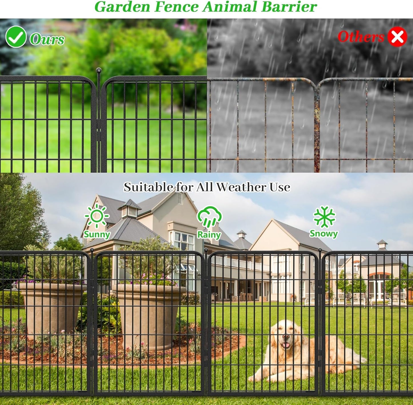 Decorative Black Metal Fencing Garden Fence with Gate, 55ft(L) 32in(H) 24 Fence Panels No Dig Fence Rustproof Animal Barrier Fence Temporary Dog Panels Fencing Outdoor