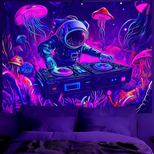 BVBOX Astronaut Space Blacklight Tapestry 79"x59", UV Reactive DJ Astronaut Jellyfish Universe Galaxy Planet Glow in Dark Music Tapestries, Black Light Neon Upright Poster Wall Hanging Backdrop Decor for Bedroom Living Room