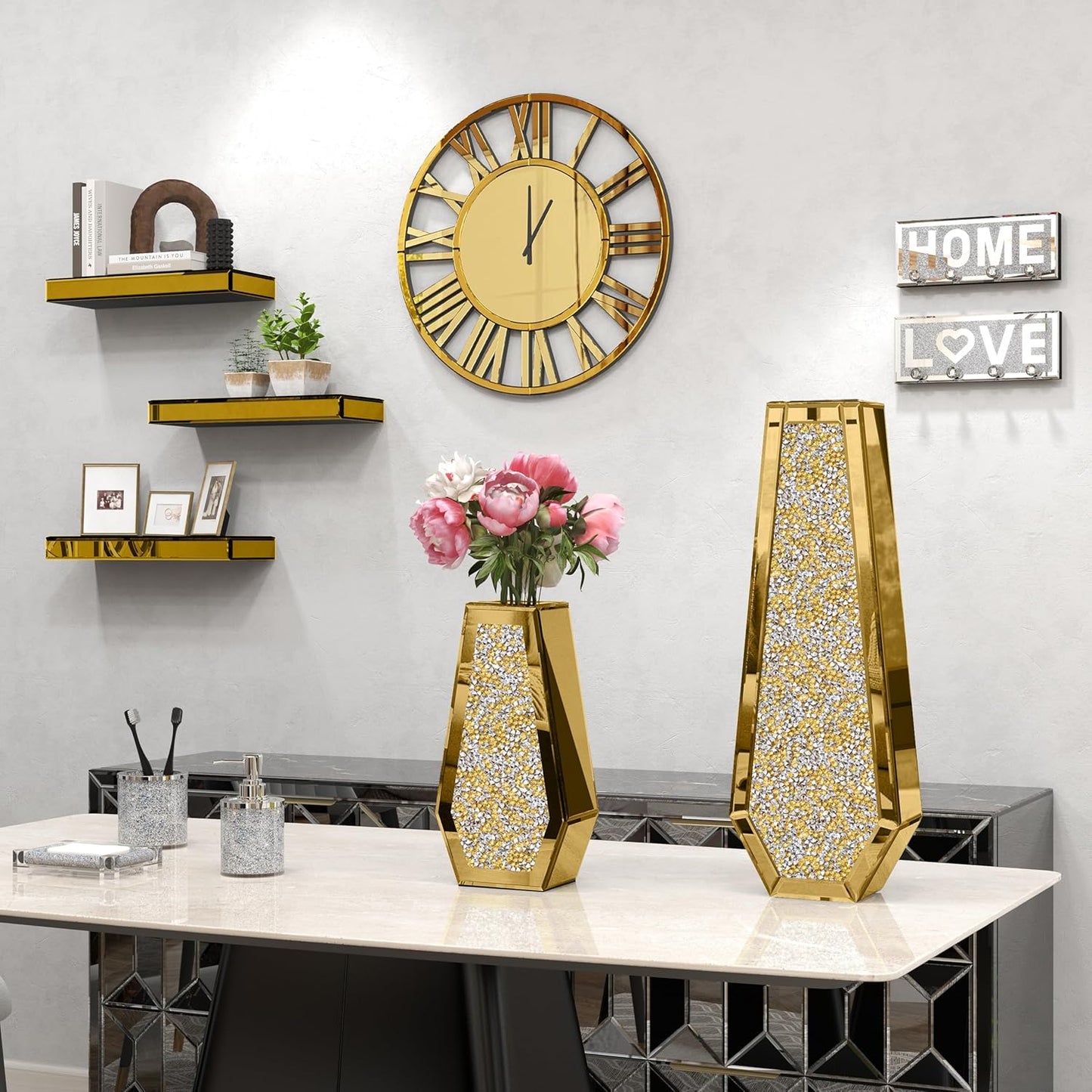 SHYFOY 18" Mirrored Wall Clock, Decorative Wall Clock with Roman Numerals, Living Room Wall Clocks, Kitchen Office Home Decor Battery Powered