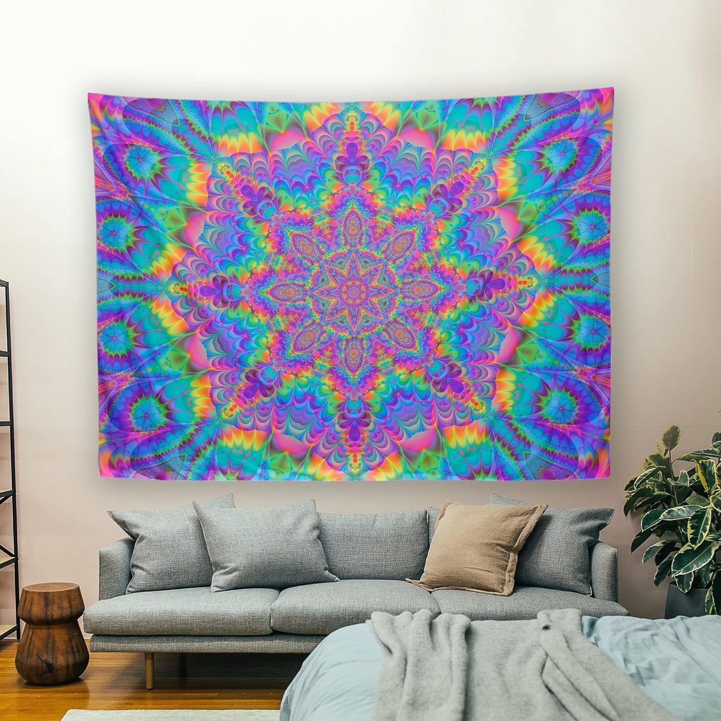 OSVINO Blacklight Mandala Tapestry 59"x51" Glow In The Dark Psychedelic Boho Tapestry Colorful Backdrop Bohemian Room Decor UV Reactive Hippie Wall Posters for Bedroom, Mandala,