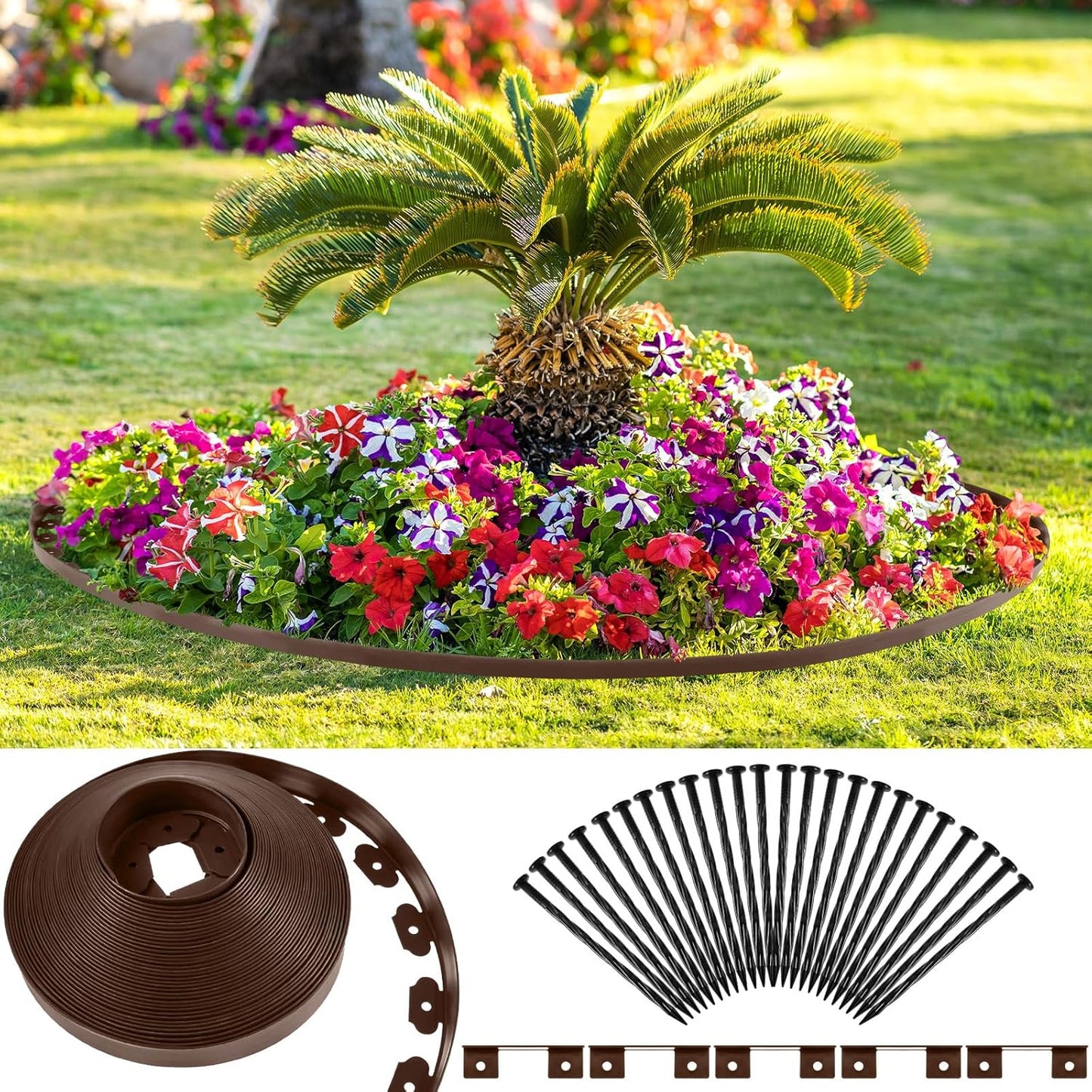 Sasylvia 2'' x 200' Landscape Edging Kit Edging Border Coil Include Anchoring Spikes 10 Connectors Plastic Garden Border for Lawn Garden Grass Yard Home(Brown)